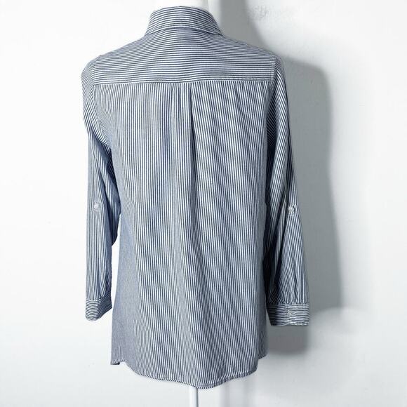 Zac & Rachel Button Up Shirt S Blue & White Striped Asymmetric Hem Long Sleeve - Picture 8 of 12